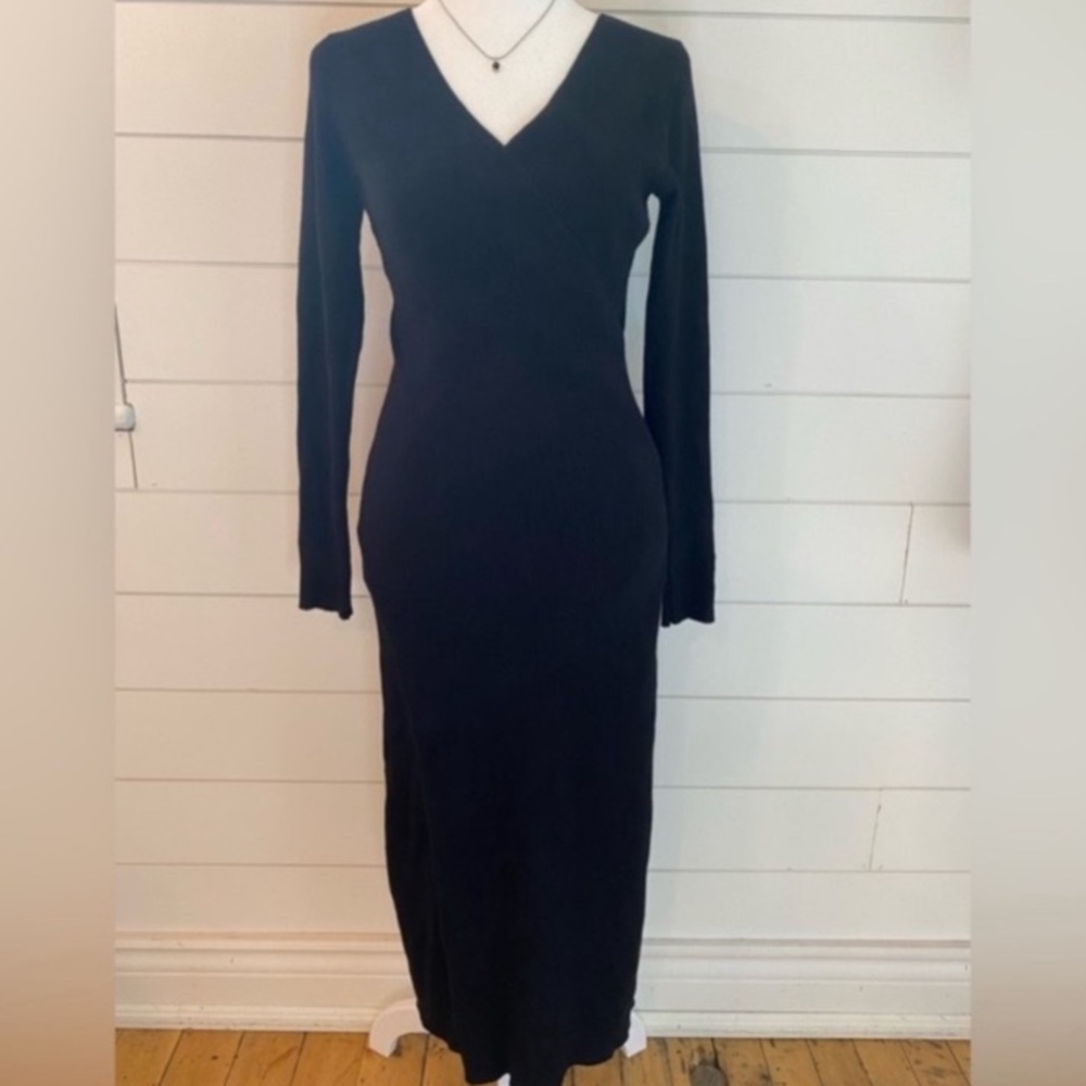 ASTR Minimalist Rib Knit Deep V Wrap Front Maxi Length Side Slit Sweater Dress M